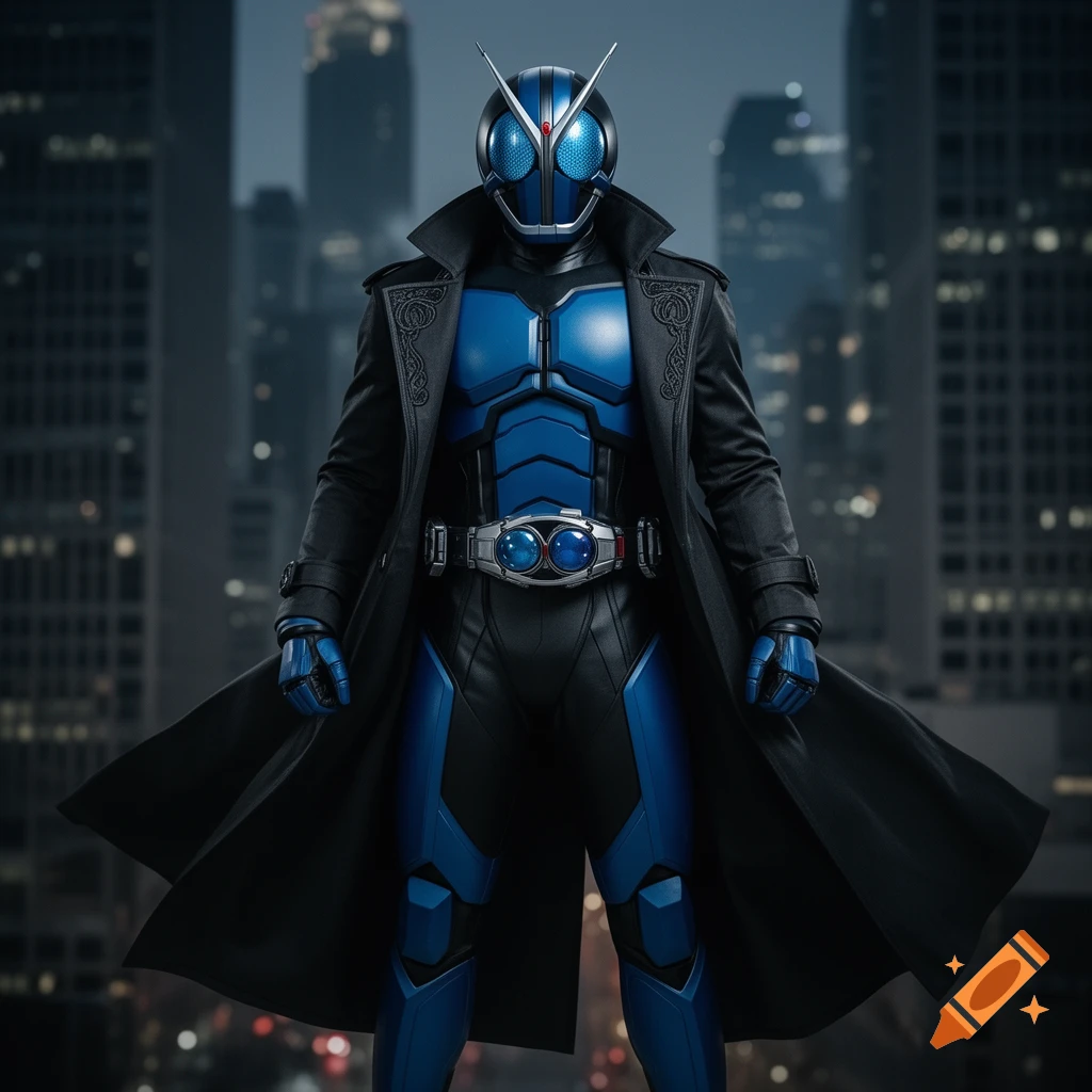 A photorealistic blue and black armored superhero, resembling Kamen Rider, stands in a trench coat against a blurred cityscape at night.