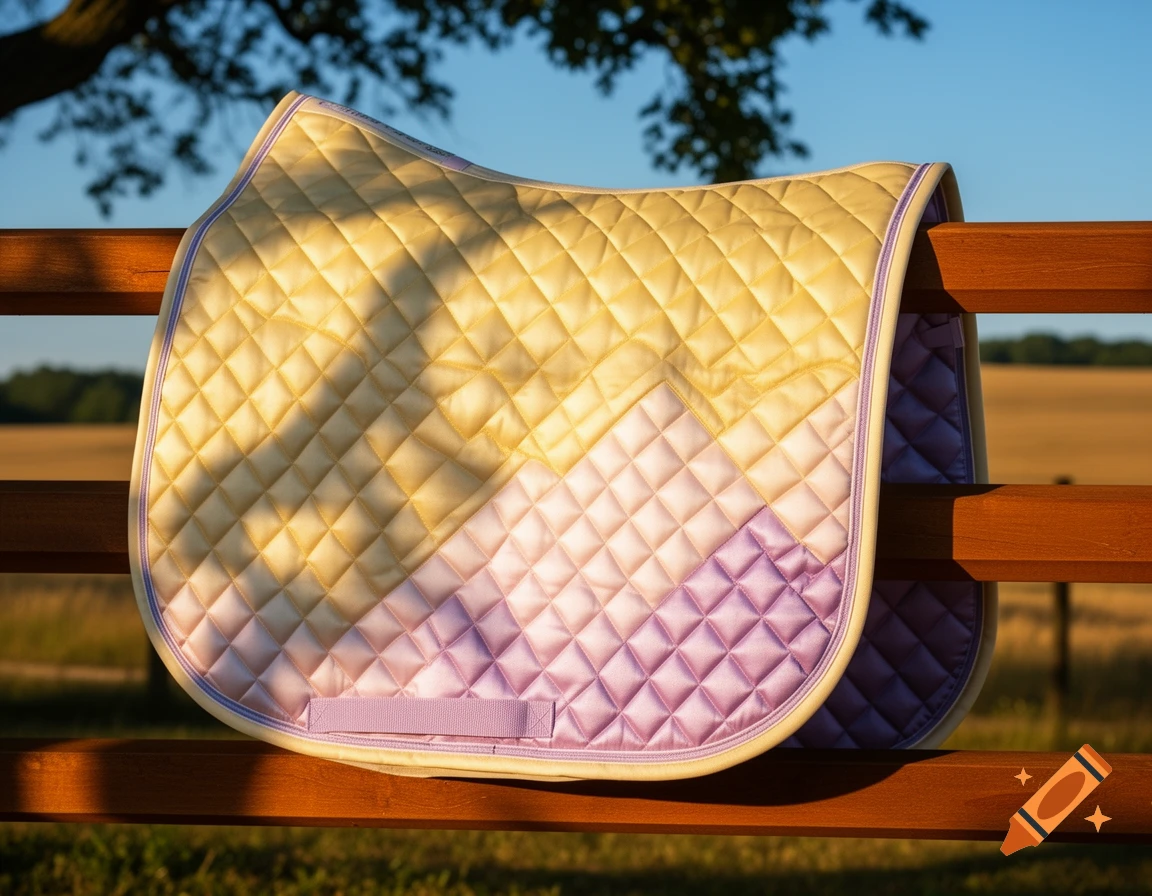 A quilted equestrian saddle pad in yellow, cream, pink, and purple, draped over a wooden fence under sunlight.
