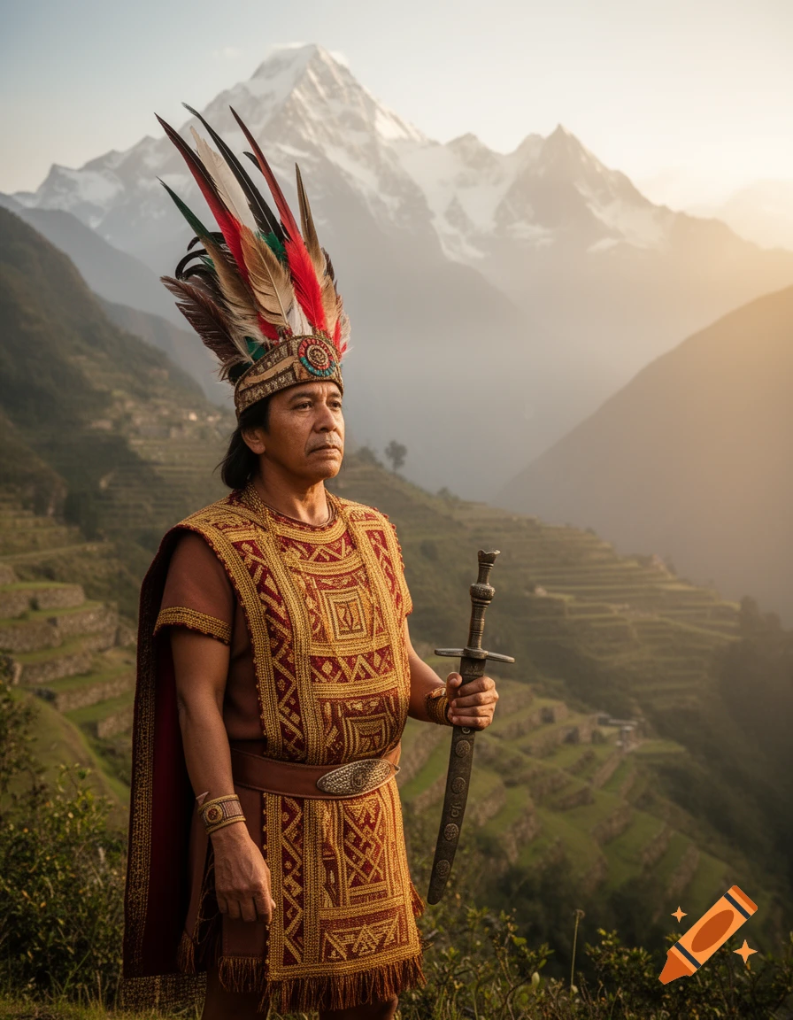 A man in a feathered headdress and ornate traditional gold and red clothing holds a sword, standing with terraced mountains and a snowy peak in the background.
