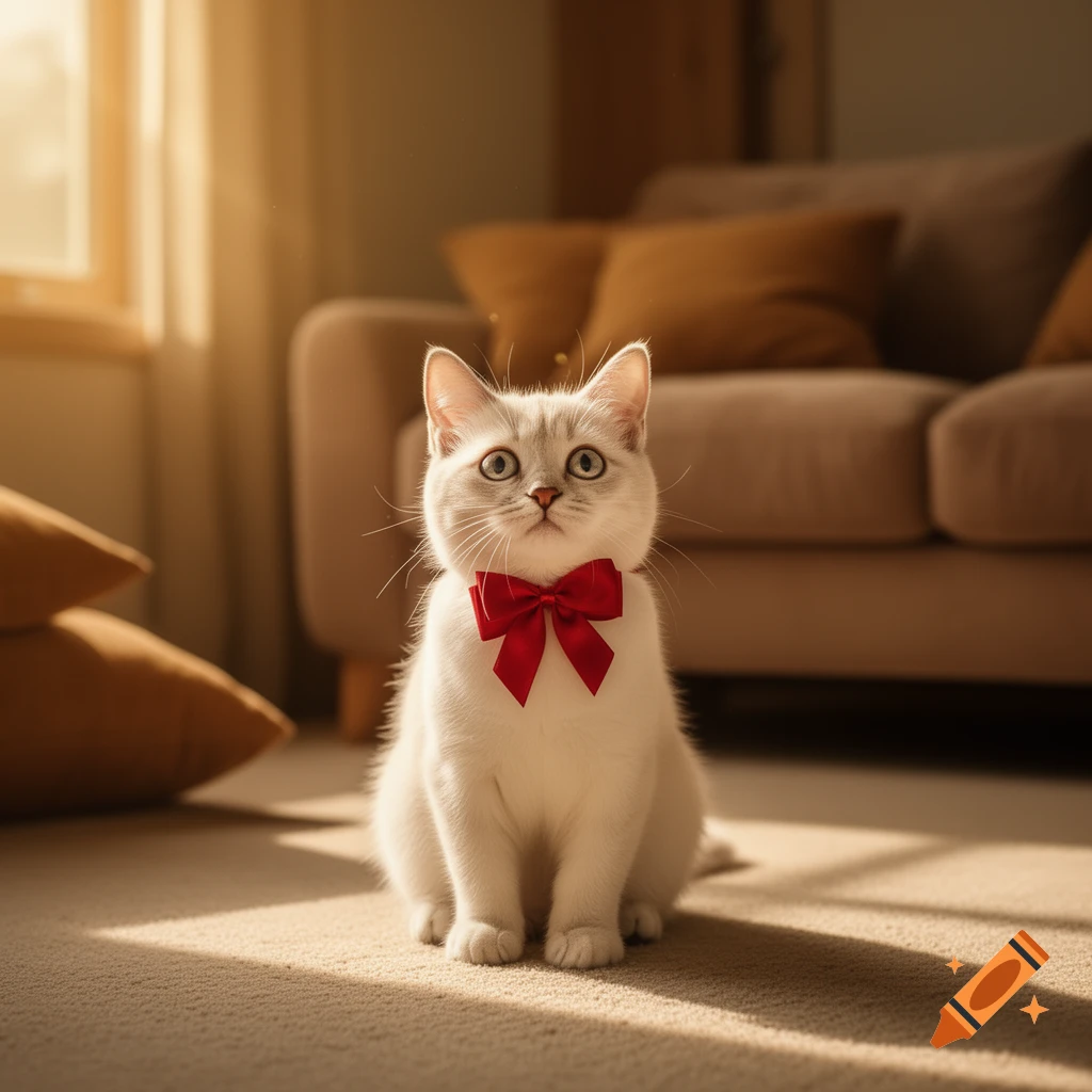 A fluffy white cat with a red bow tie sits on a rug in a sunlit living room, looking up.