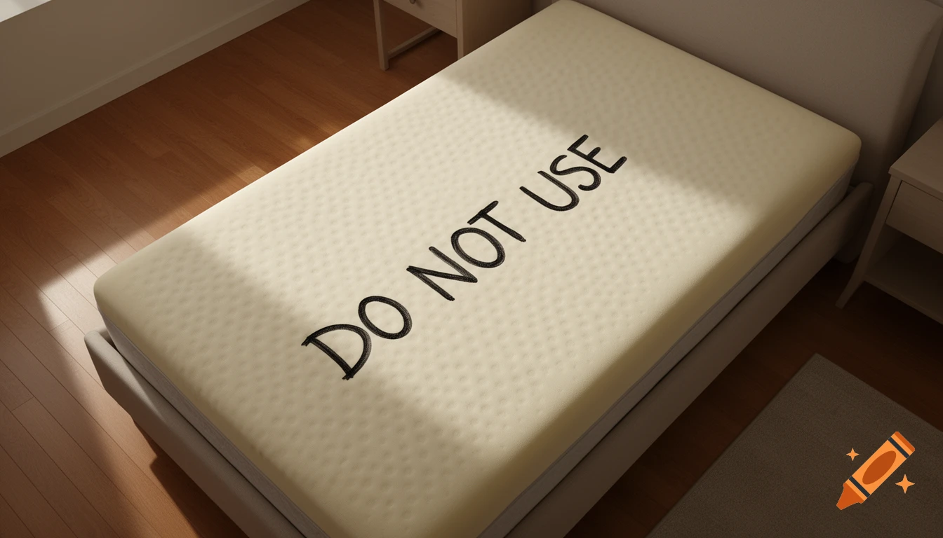 Top-down photo of a twin memory foam mattress with "DO NOT USE" written on it in a bedroom.