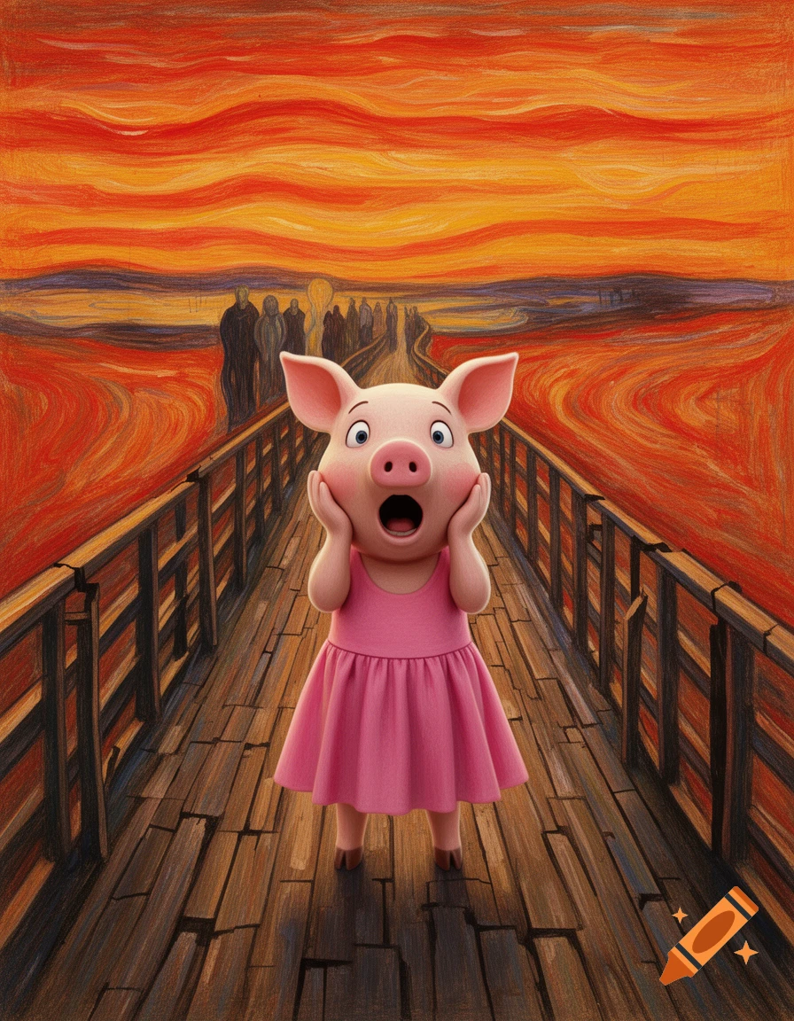 A cartoon pig in a pink dress, screaming with hands on its face, on a bridge, in the style of Munch's The Scream painting with an orange-red sky.