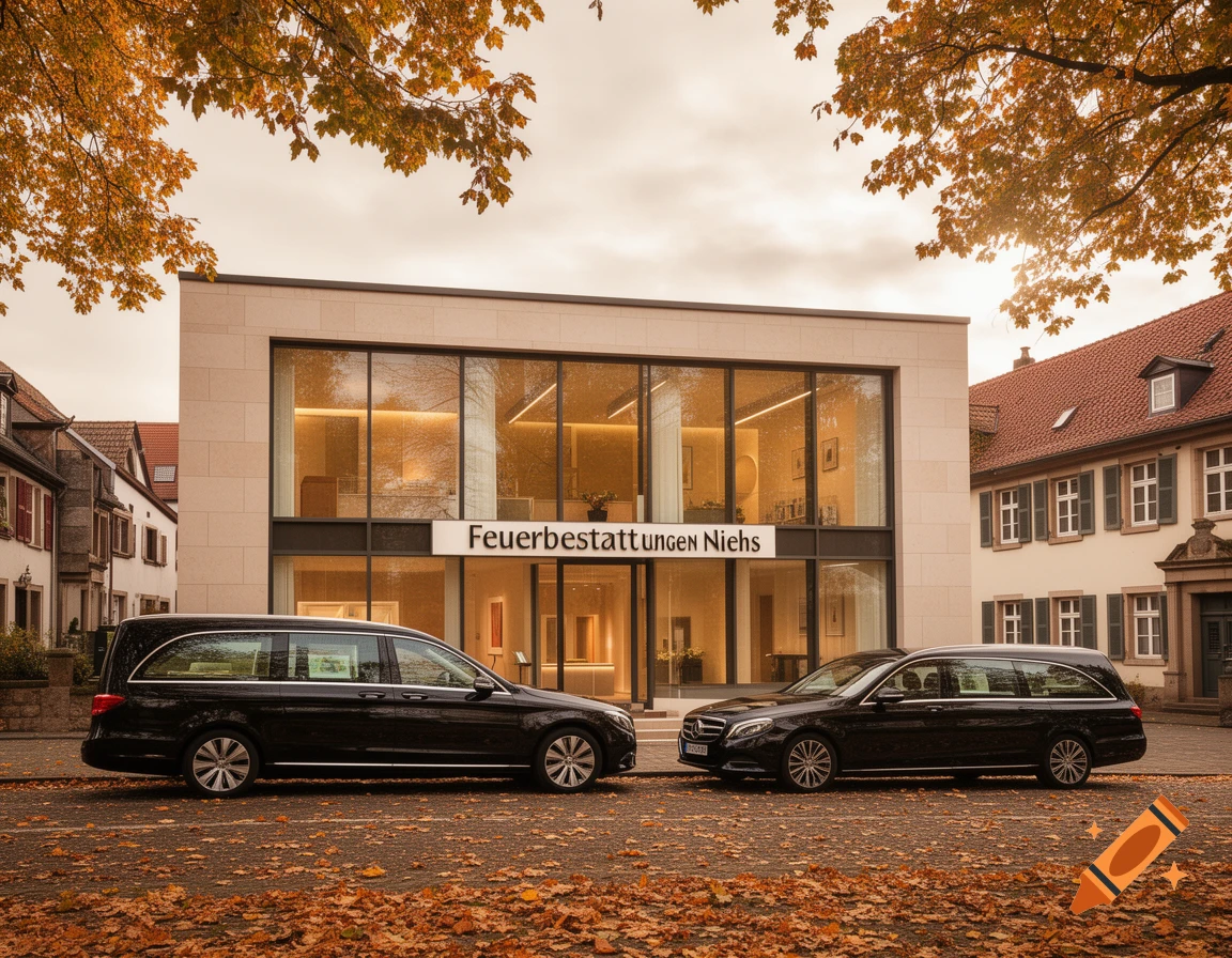 A modern funeral home building with a large sign reading "Feuerbestattungen Niehs" and two black hearses parked in front, with autumn leaves on the ground.
