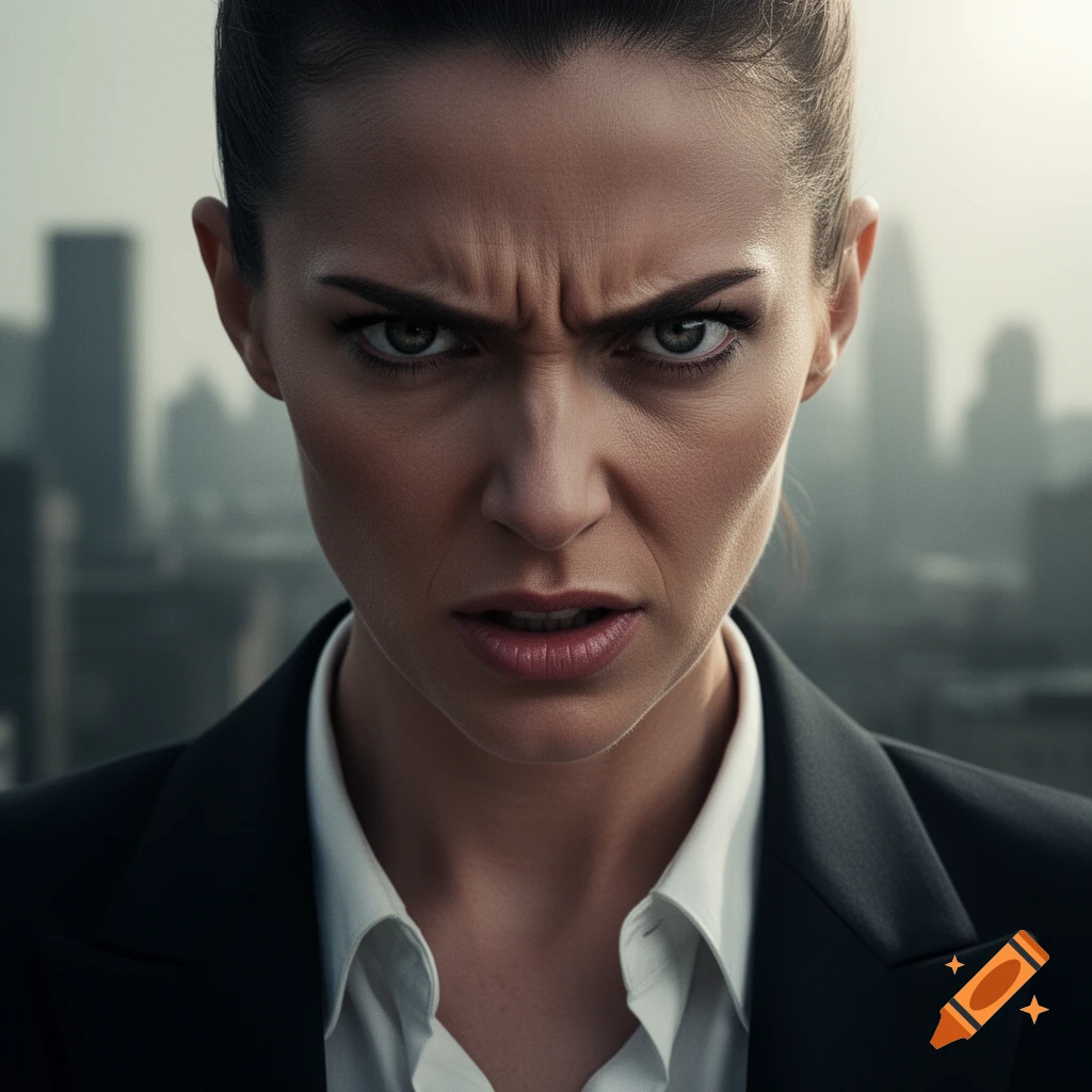 Close-up of a realistic woman with an angry, scowling expression, wearing a black suit jacket, against a blurred city background.