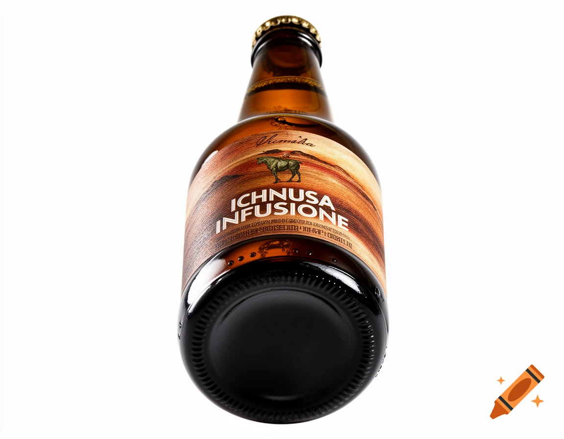 A brown glass beer bottle with an 'ICHNUSA INFUSIONE' label, featuring a horse emblem and warm earth tones, against a white background.