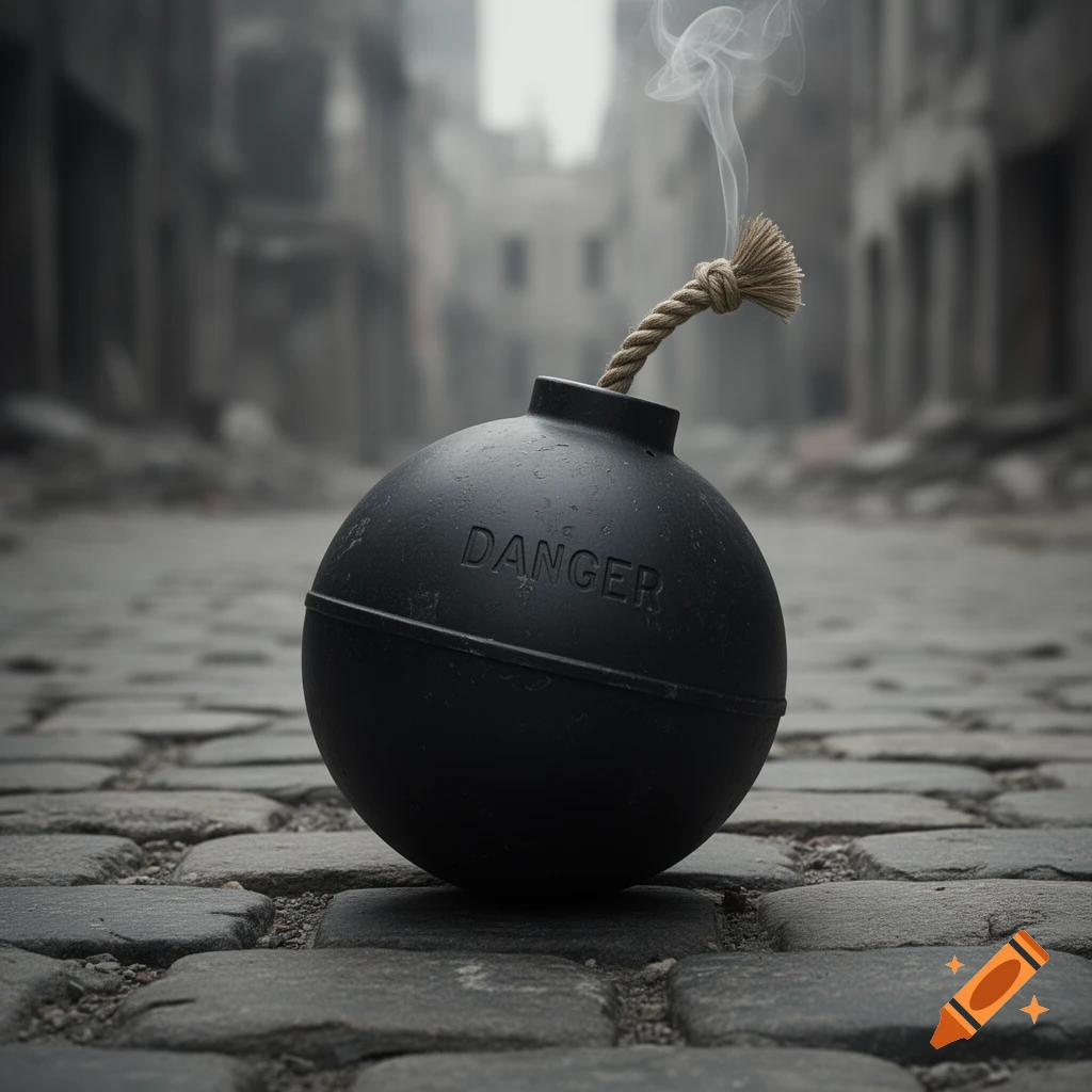 A black, round bomb with a lit, smoking fuse rests on a cobblestone street in a desolate, blurry city. The word "DANGER" is embossed on its side.