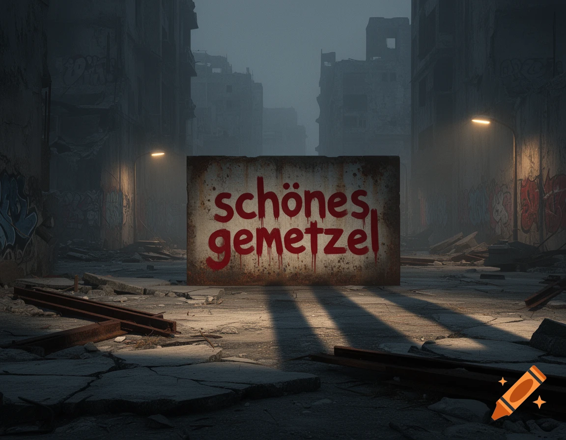 A dark, post-apocalyptic city street with abandoned, decaying buildings and scattered debris. In the foreground, a prominent rusty sign displays the words "schönes, gemetzel" in blood-red, dripping text.