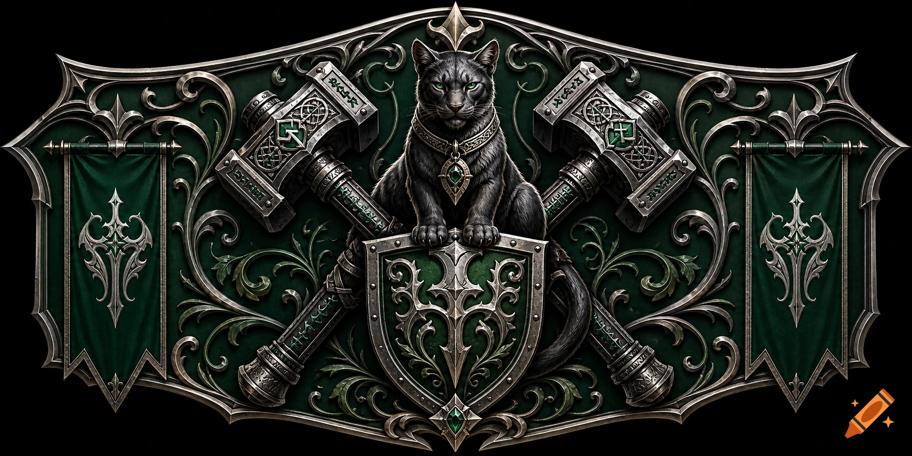 A gothic-style crest featuring a black cat with emerald eyes, sitting on a shield, flanked by two ornate hammers, against a dark green and silver filigree background.