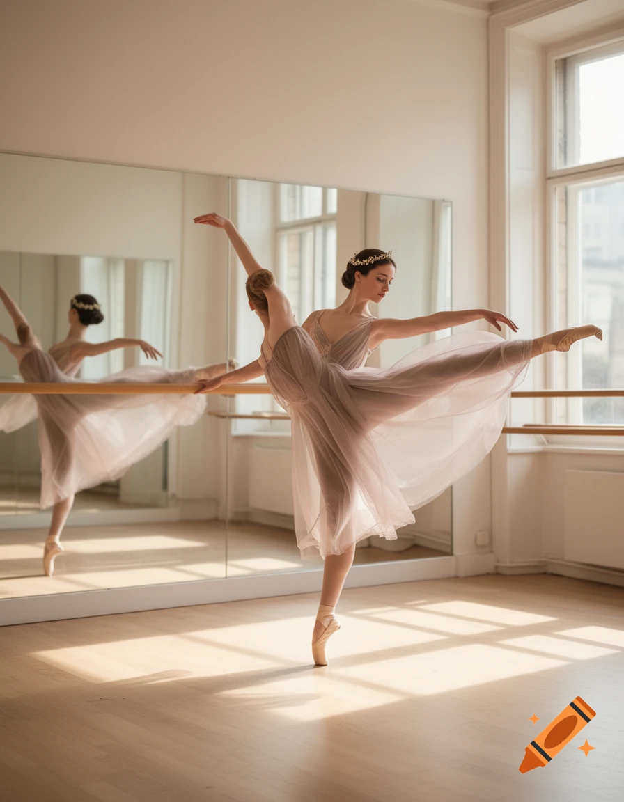 A graceful ballerina in a flowing lavender dress strikes a pose, reflected in the mirrors of a sunlit dance studio.
