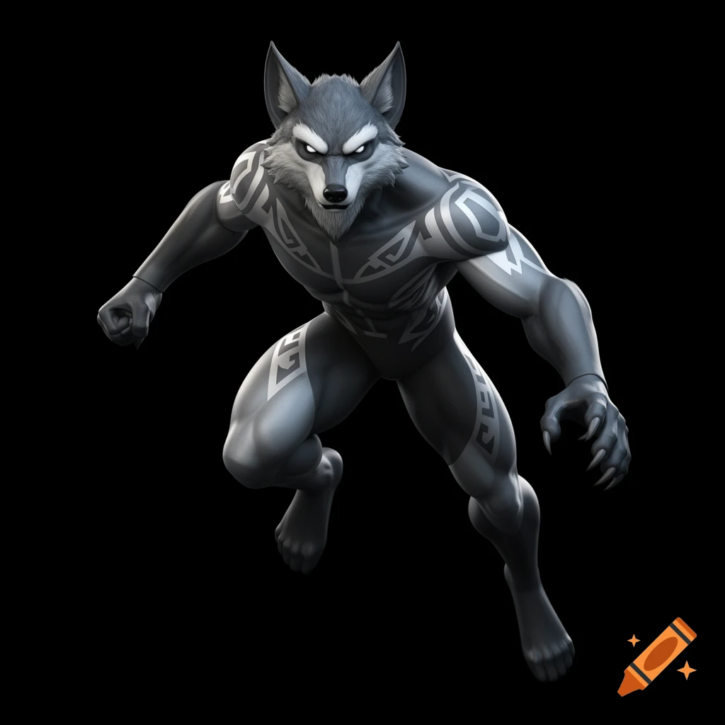 A muscular gray wolf-man character with white tribal markings, crouching in a 3D comic book art style.