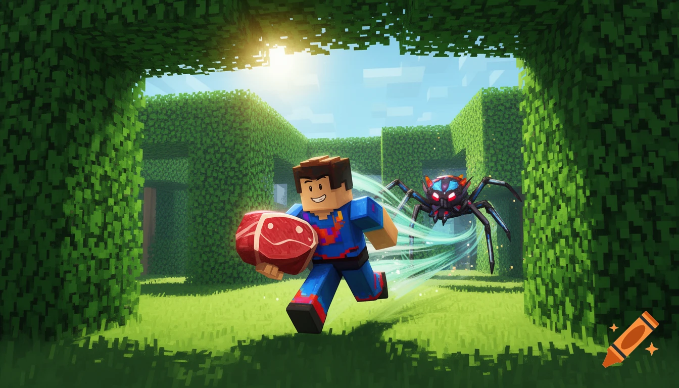 A blocky Roblox-style player holding a piece of meat runs through a green hedge maze, pursued by a stylized spider monster.