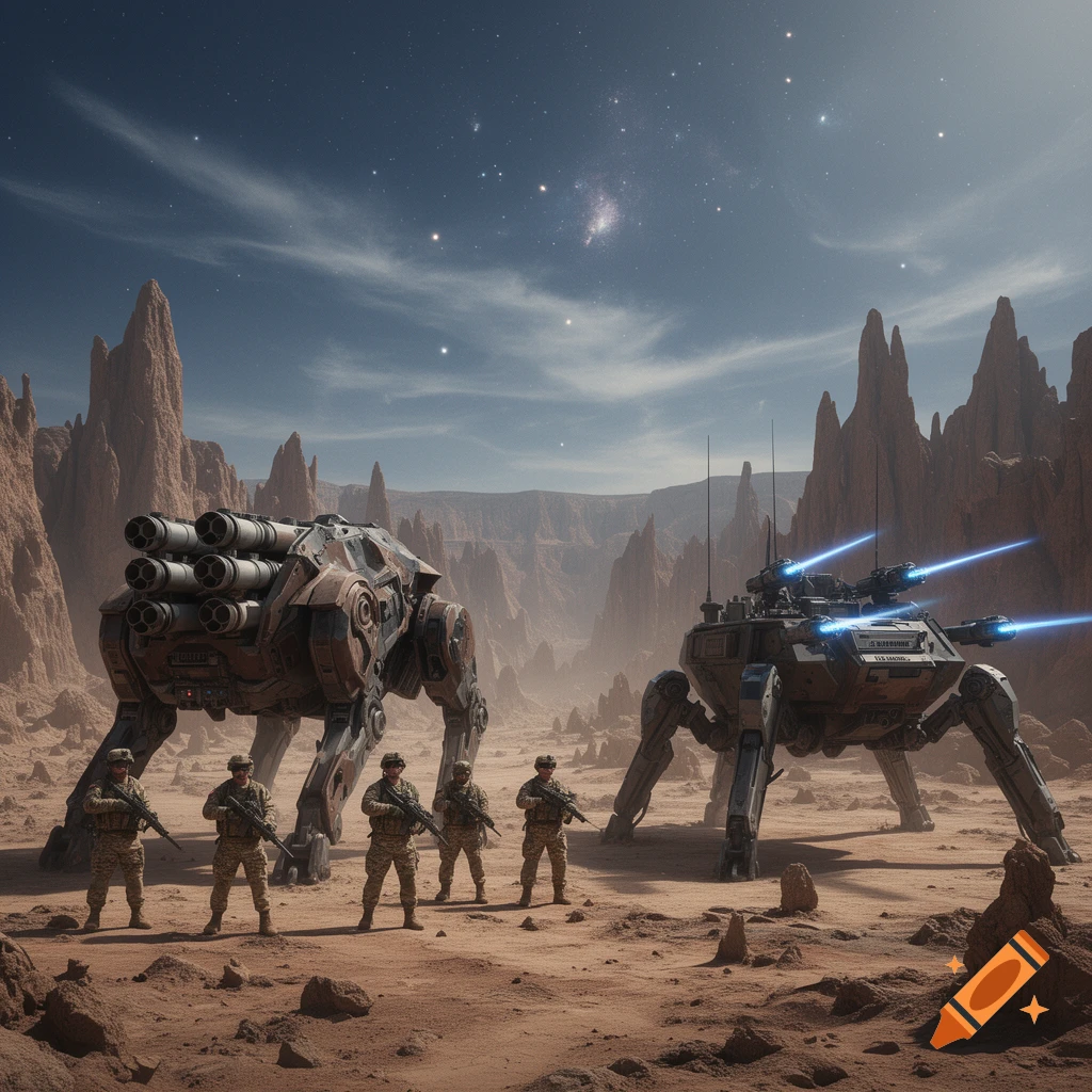 Hyper-realistic image of US Marines and two large mechanical walkers on patrol in a barren, rocky alien desert under a star-filled sky.
