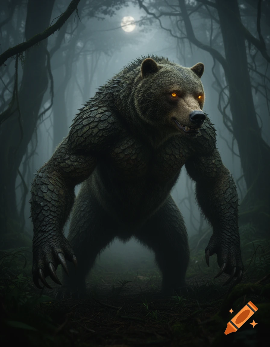 A fearsome, scaled, bear-like creature with glowing orange eyes stands in a dark, foggy forest under a full moon.