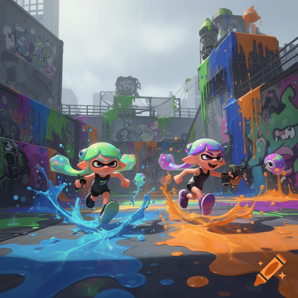 Two stylized Splatoon characters, one green and one purple, run through a colorful ink-splattered urban environment, blue and orange ink splashing around them.