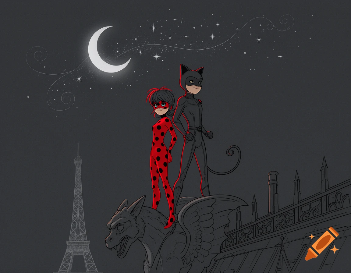 Cartoon drawing of Ladybug and Cat Noir standing on a gargoyle, overlooking Paris with the Eiffel Tower and a crescent moon.
