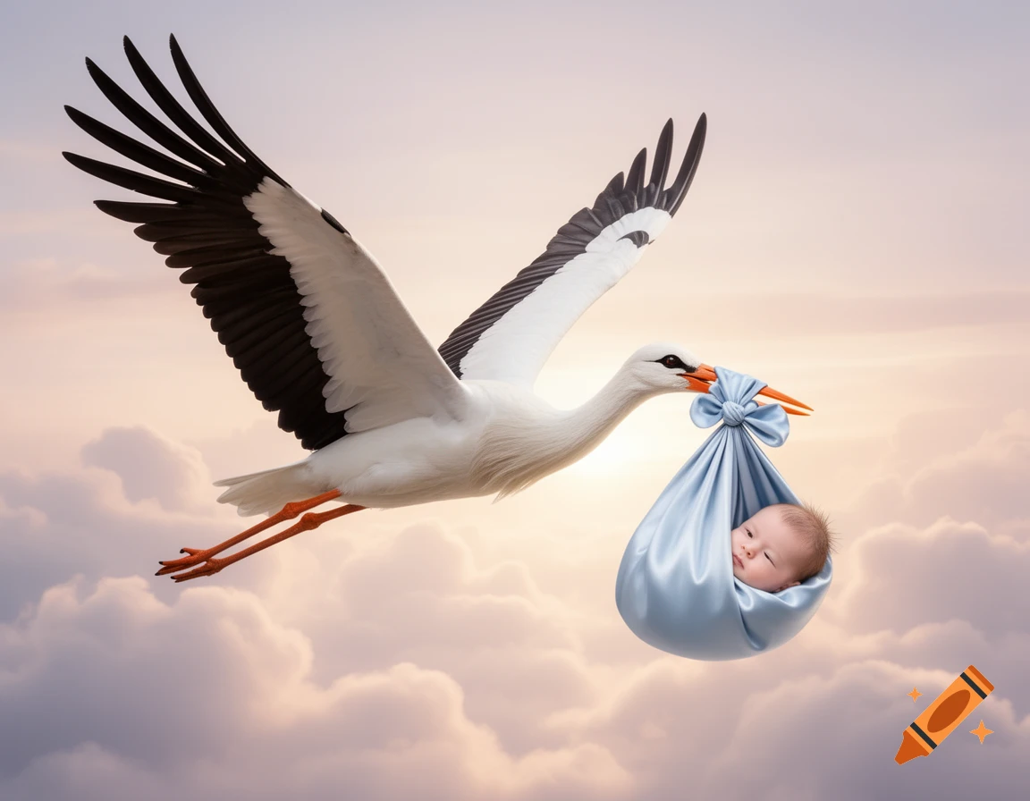 A white stork flies through a cloudy sky, carrying a sleeping baby wrapped in a light blue cloth.