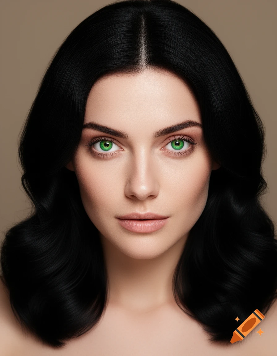 Photorealistic portrait of a woman with dark wavy hair, green eyes, and fair skin, looking directly at the viewer.