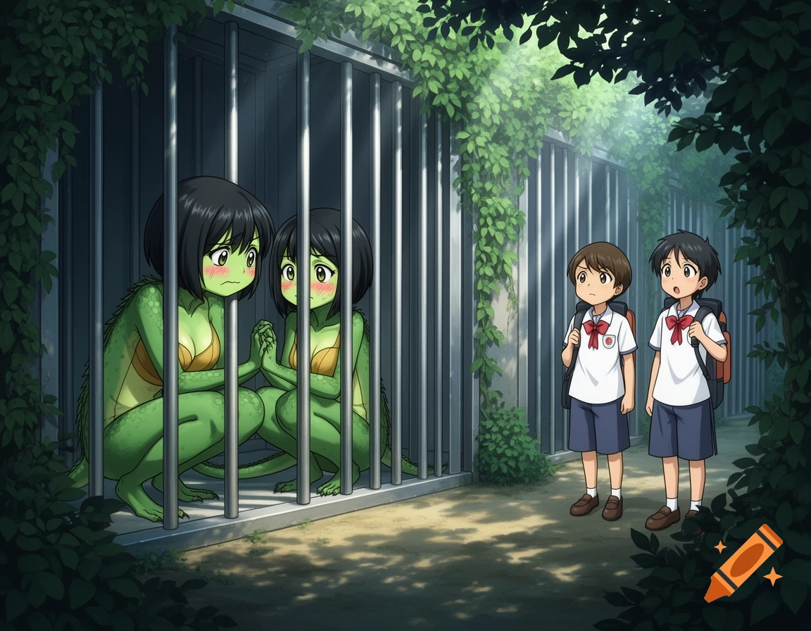 Anime illustration of two scared, green-skinned lizard women with short black hair in a cage, observed by two school students.