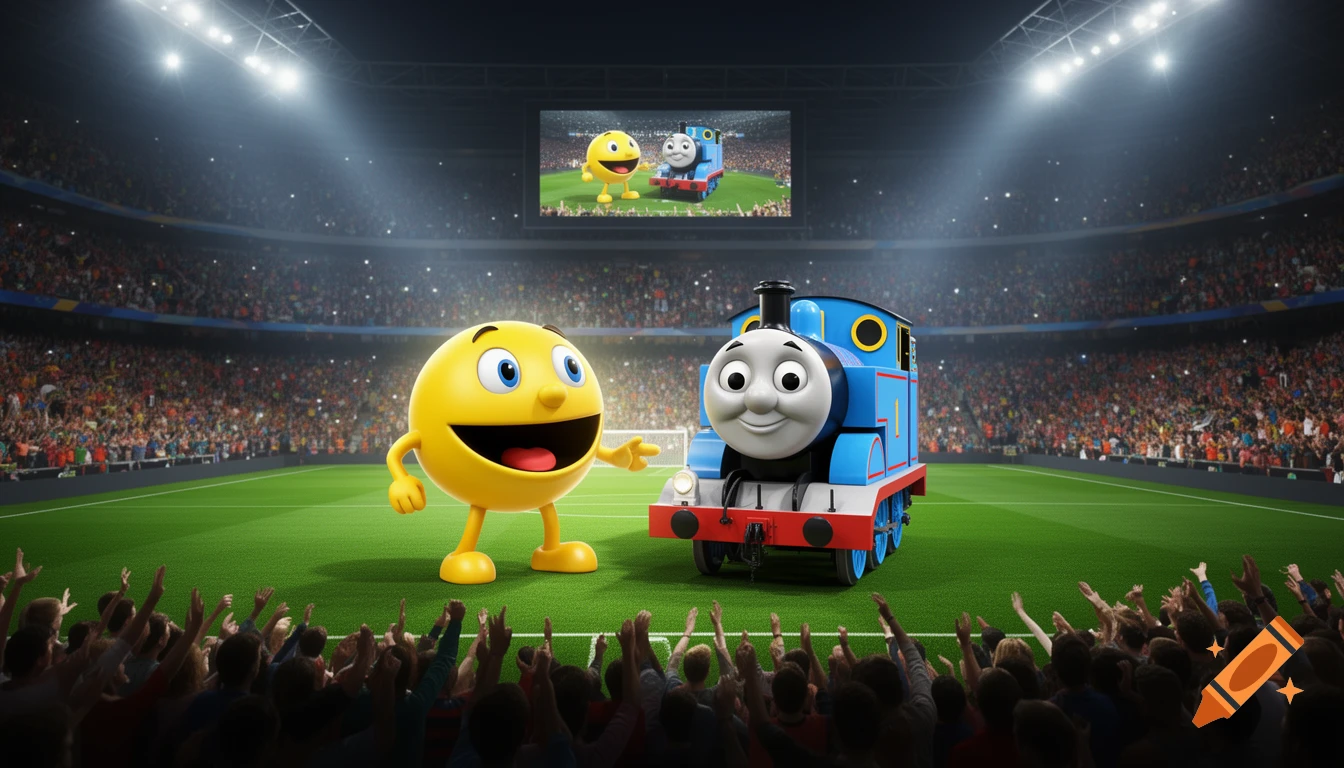 Pac-Man and Thomas the Tank Engine stand on a football field in a packed stadium with a screen showing them.