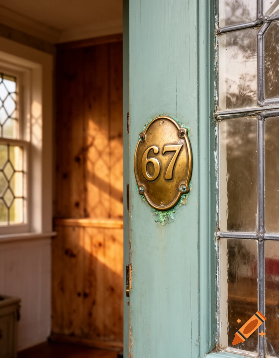 A brass plaque with the number 67 on a light green wooden door, partially open to reveal a sunlit interior.