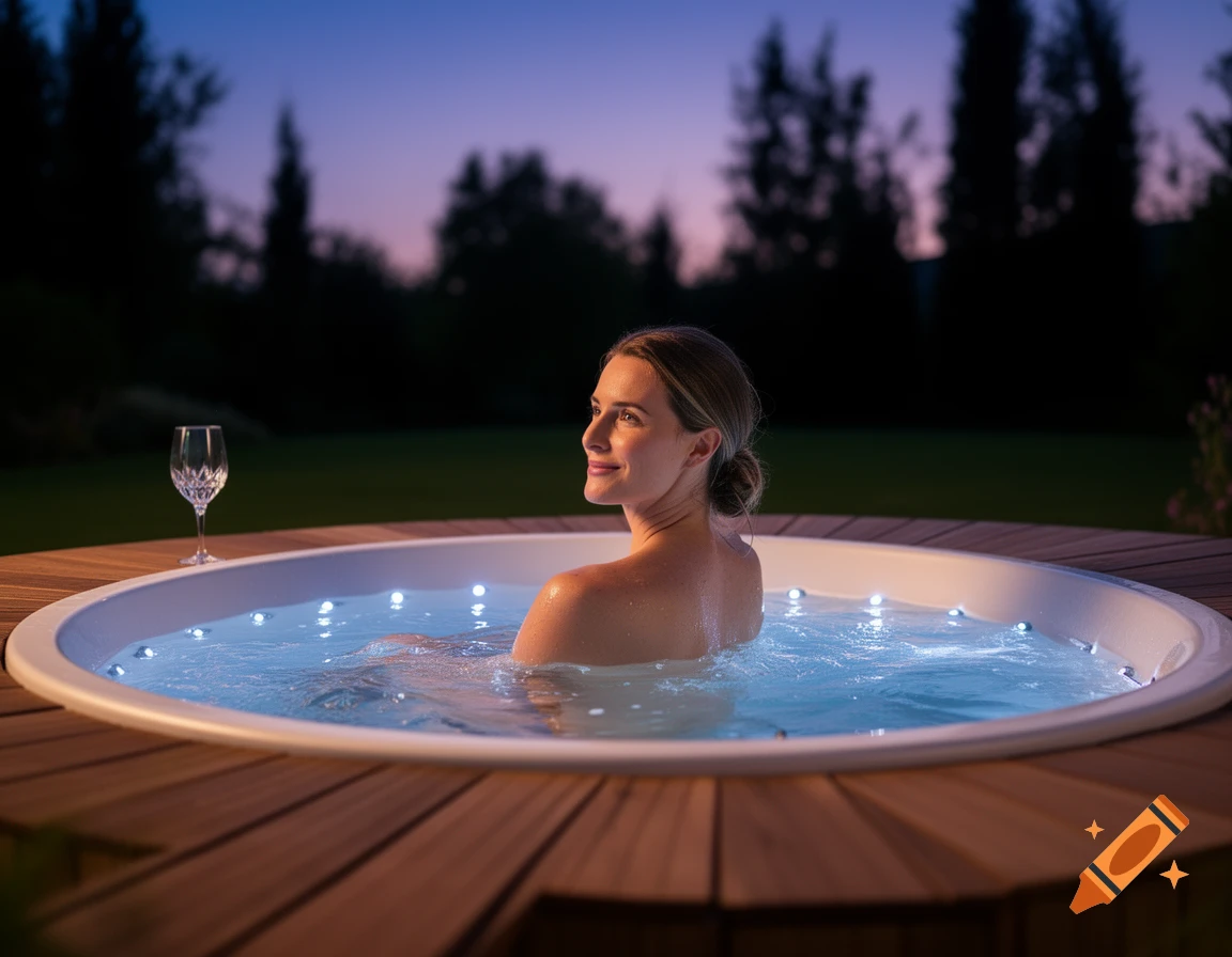 A woman relaxes in an outdoor jacuzzi at dusk, with a wine glass on the wooden surround.