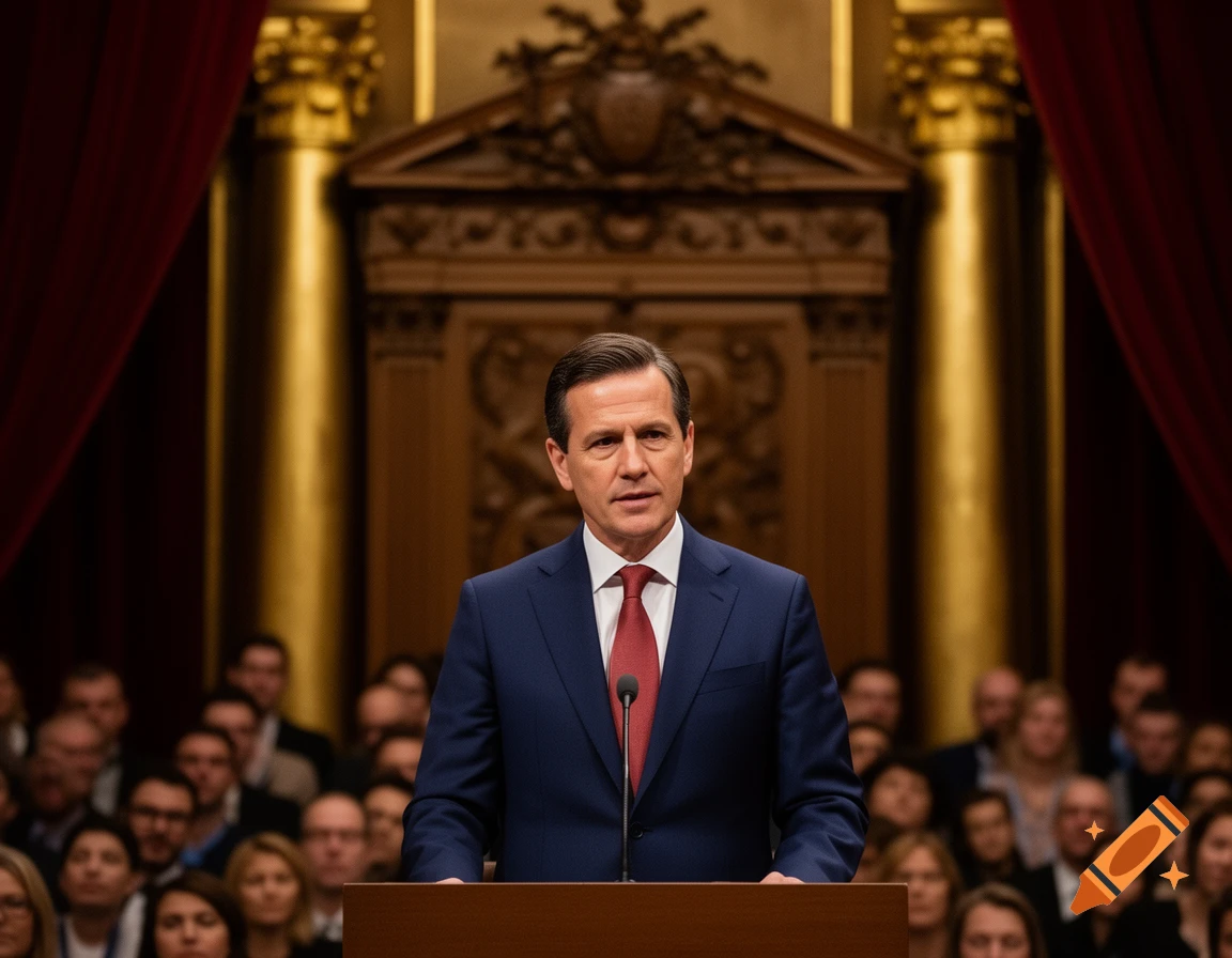 A man in a dark suit and red tie stands at a wooden podium, giving a speech to a blurred audience in a grand hall.