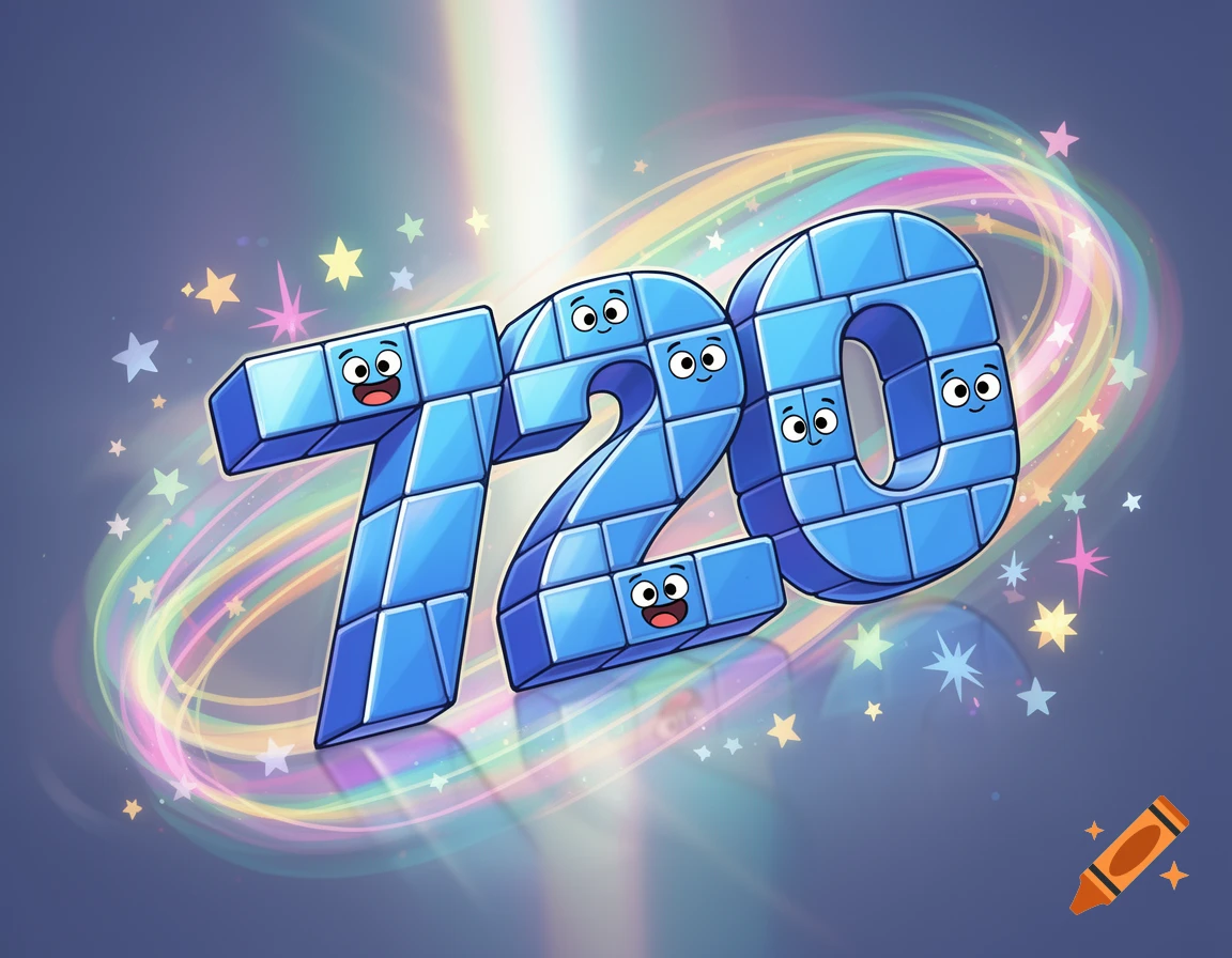 Cartoon numbers '720' made of blue blocks with happy faces, surrounded by colorful swirling light and stars.