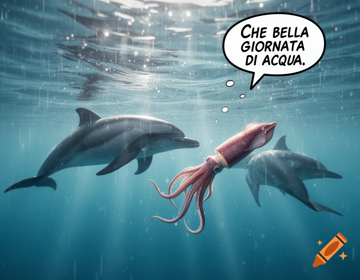 Photorealistic underwater scene with a squid and dolphins. The squid thinks, "What a beautiful water day," in a comic speech bubble.