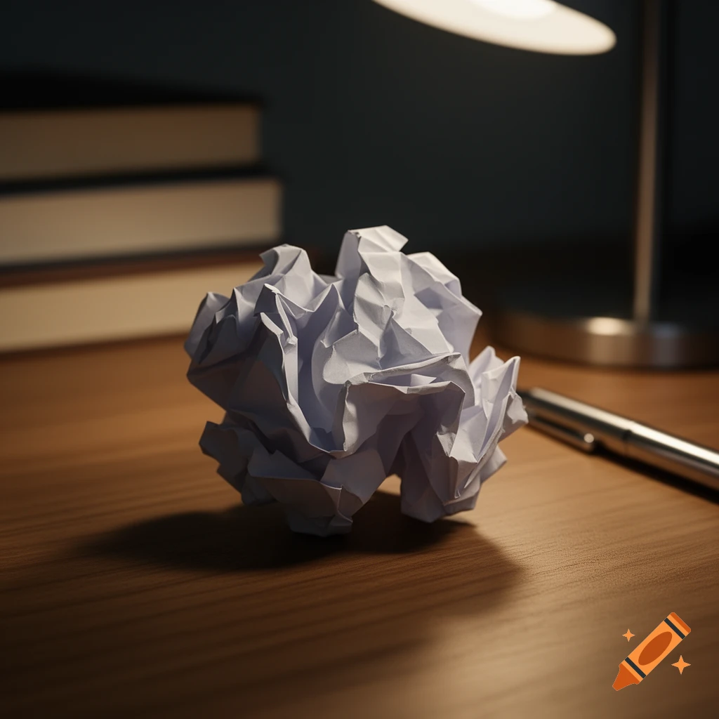 A crumpled white paper ball on a wooden desk next to a silver pen, with blurred books and a desk lamp in the background.