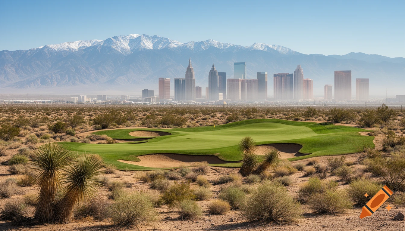Photorealistic view of a green golf course in the desert, with the hazy Las Vegas skyline and snow-capped mountains.