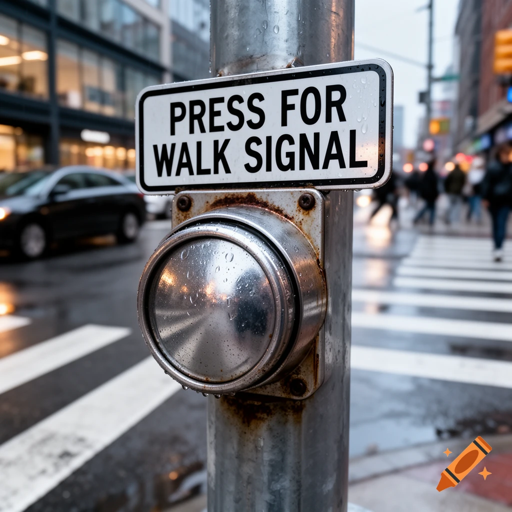 Close-up of a 'PRESS FOR WALK SIGNAL' button on a wet metal pole in a city, with blurred street activity in the background.