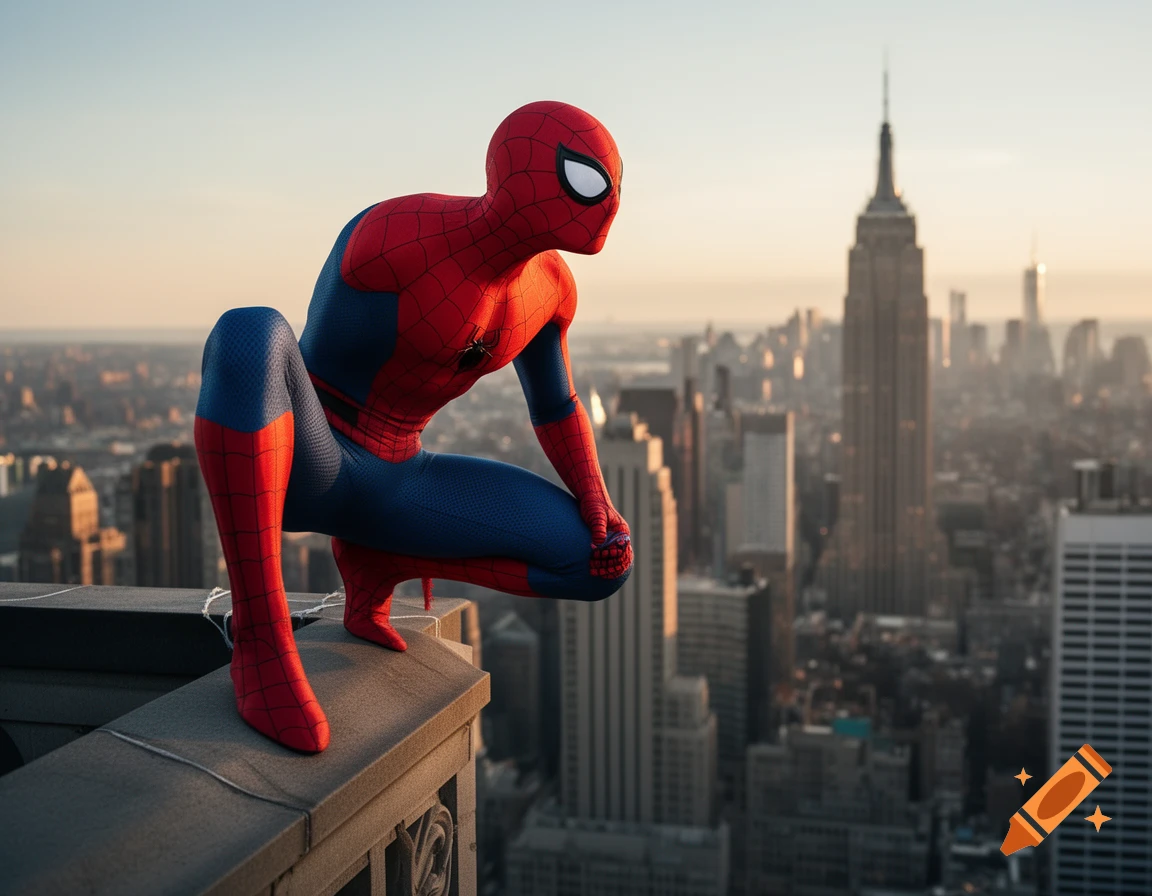 Photorealistic Spider-Man in his red and blue suit crouches on a rooftop ledge, overlooking a city skyline with the Empire State Building.