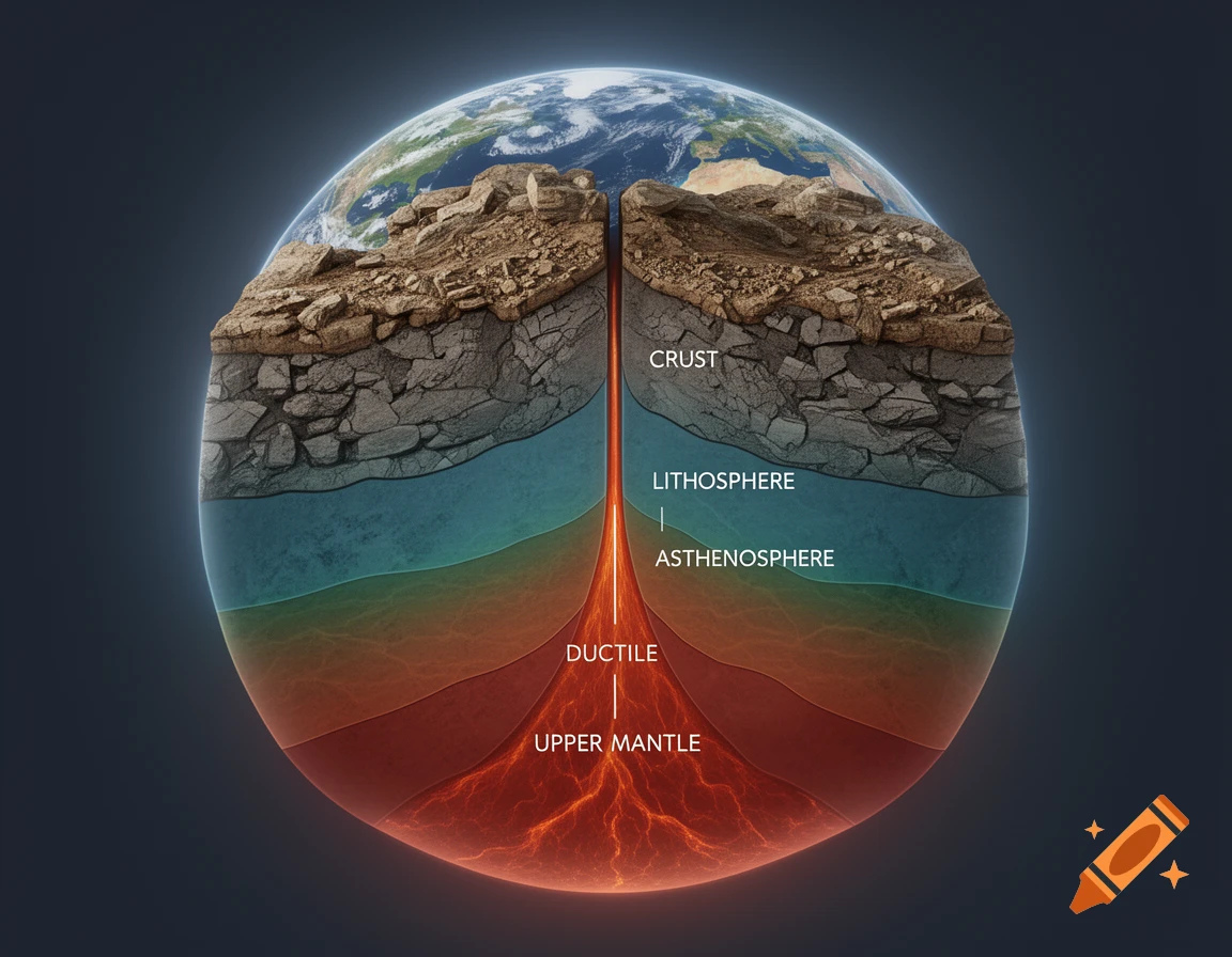 Detailed cross-section of Earth showing the crust, lithosphere, asthenosphere, and upper mantle layers, clearly labeled.