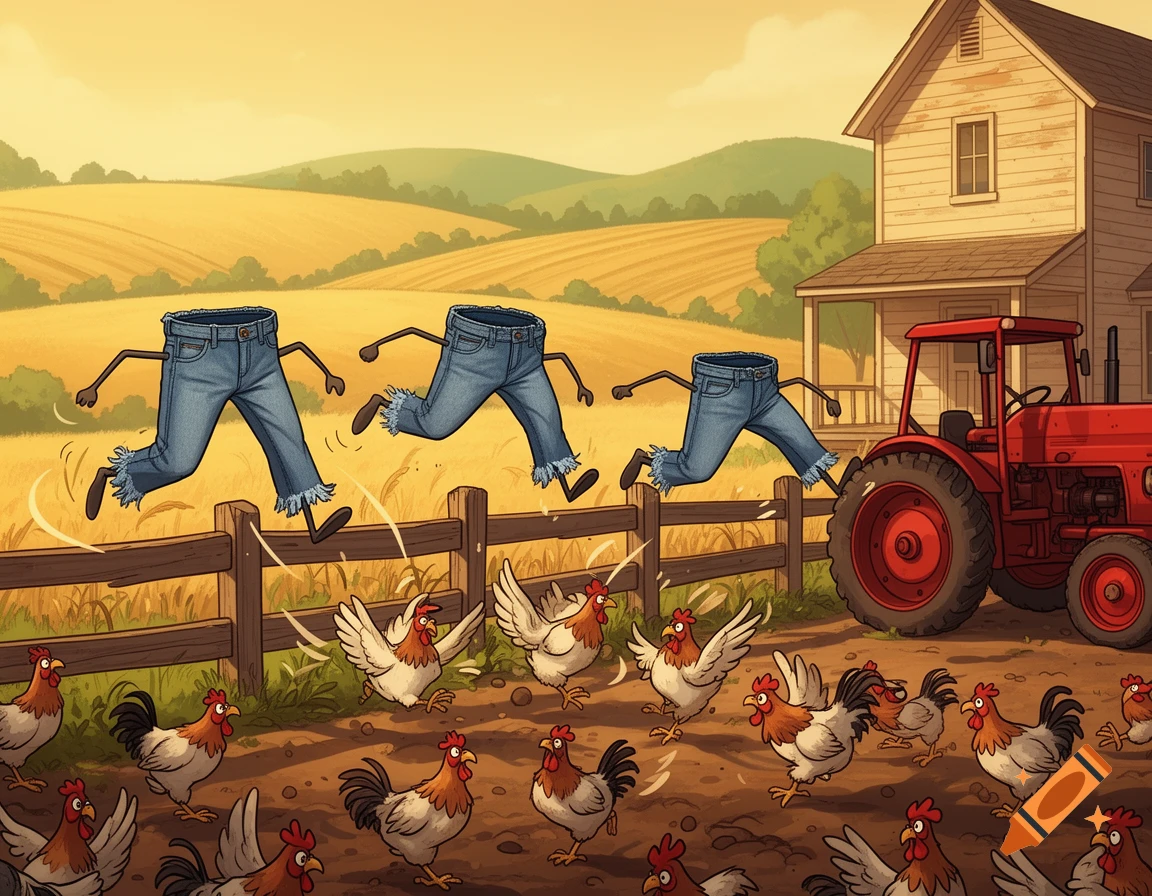 Humorous cartoon of three pairs of jeans with stick legs running and jumping over a fence, scaring chickens on a farm with a red tractor and farmhouse.