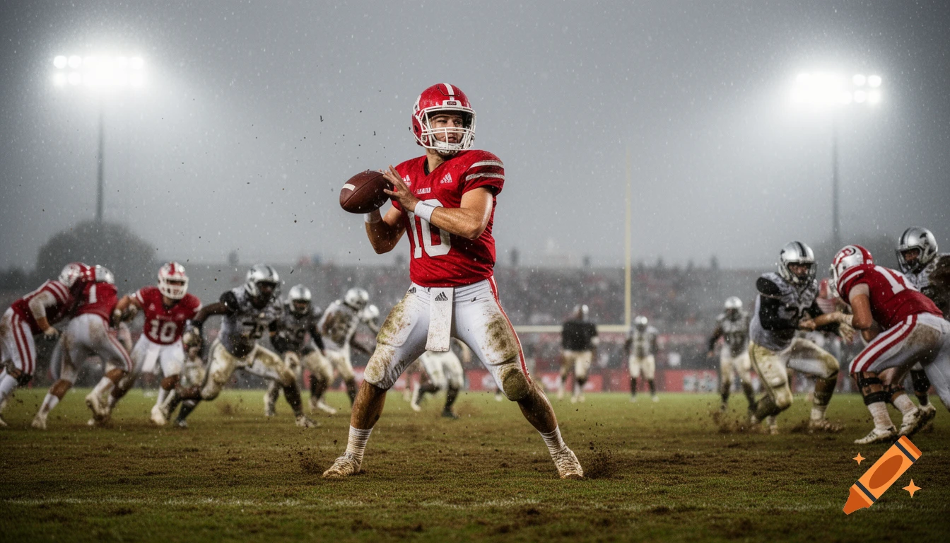 A football quarterback in a red jersey with number 10, holding a football, on a muddy field during a rainy game under stadium lights, with blurred players in the background.