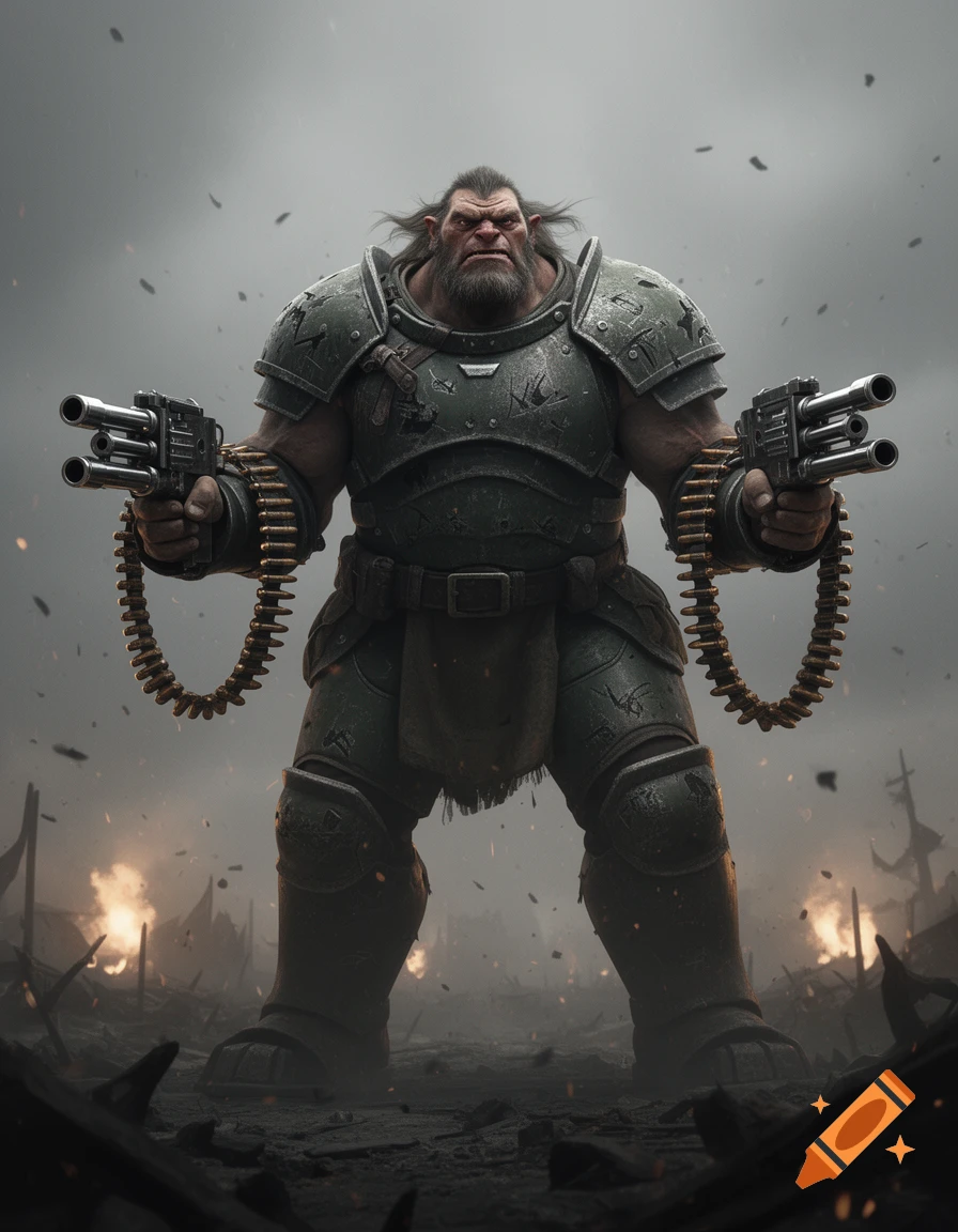 A massive, armored troll-like warrior holding two miniguns on a smoky battlefield with distant explosions, photorealistic.