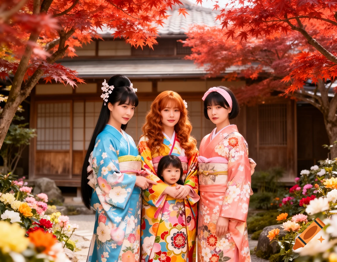 Three women and a child in colorful kimonos pose in a vibrant Japanese garden with red maple trees and a traditional house. Photorealistic.