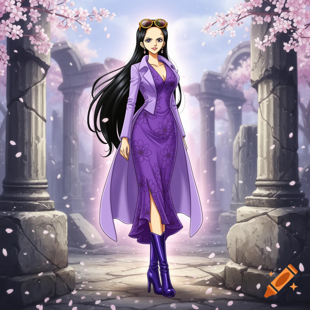 Anime character Nico Robin in a purple dress and trench coat, standing amidst ancient ruins with falling cherry blossoms.