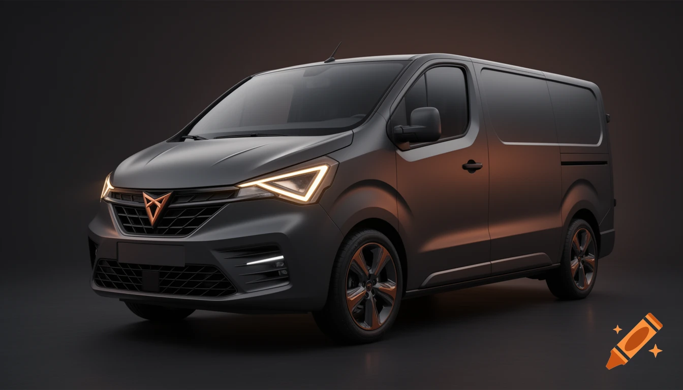 A matte dark gray electric concept van with glowing triangular headlights and a copper Cupra logo on the grille, viewed from a 3/4 front angle in a studio.