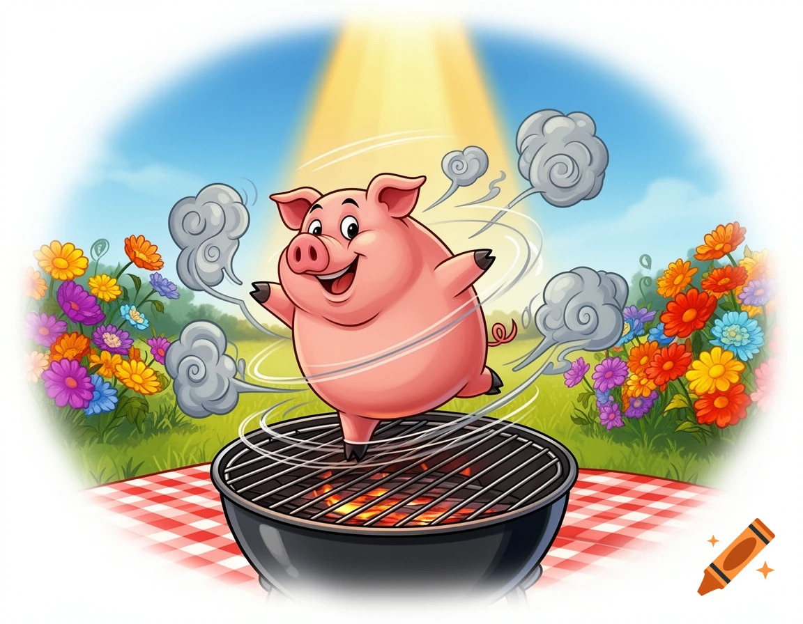 A happy cartoon pig spins on a lit barbecue grill surrounded by colorful flowers and green grass under a sunny sky.