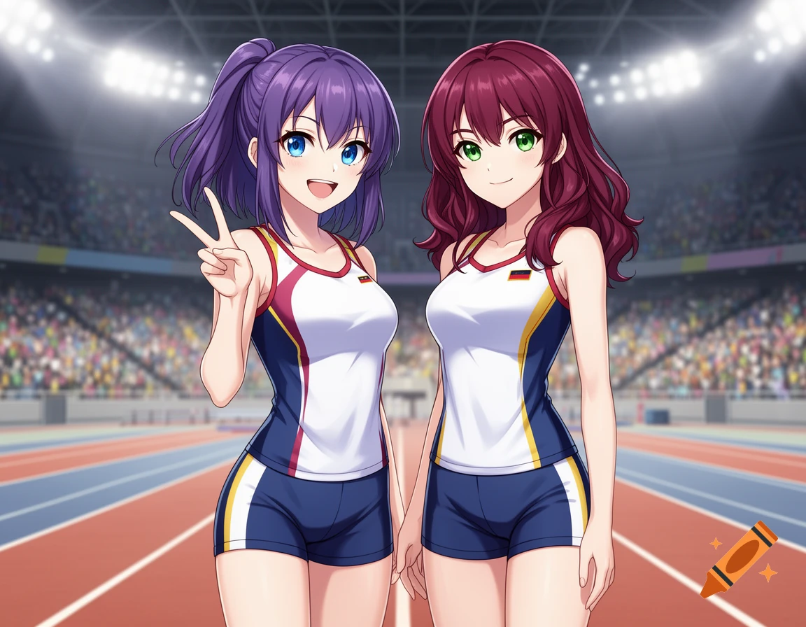 Two smiling anime-style female athletes in track uniforms pose for a photo on an indoor track, one making a peace sign, with spectators in the background.