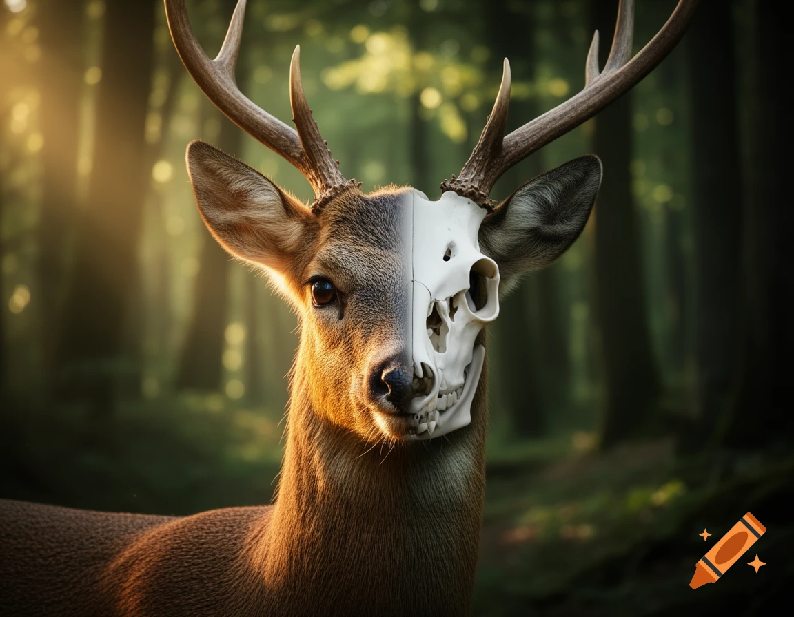 Close-up of a deer's head, half living with fur and eye, half a white skull, in a sunlit forest.