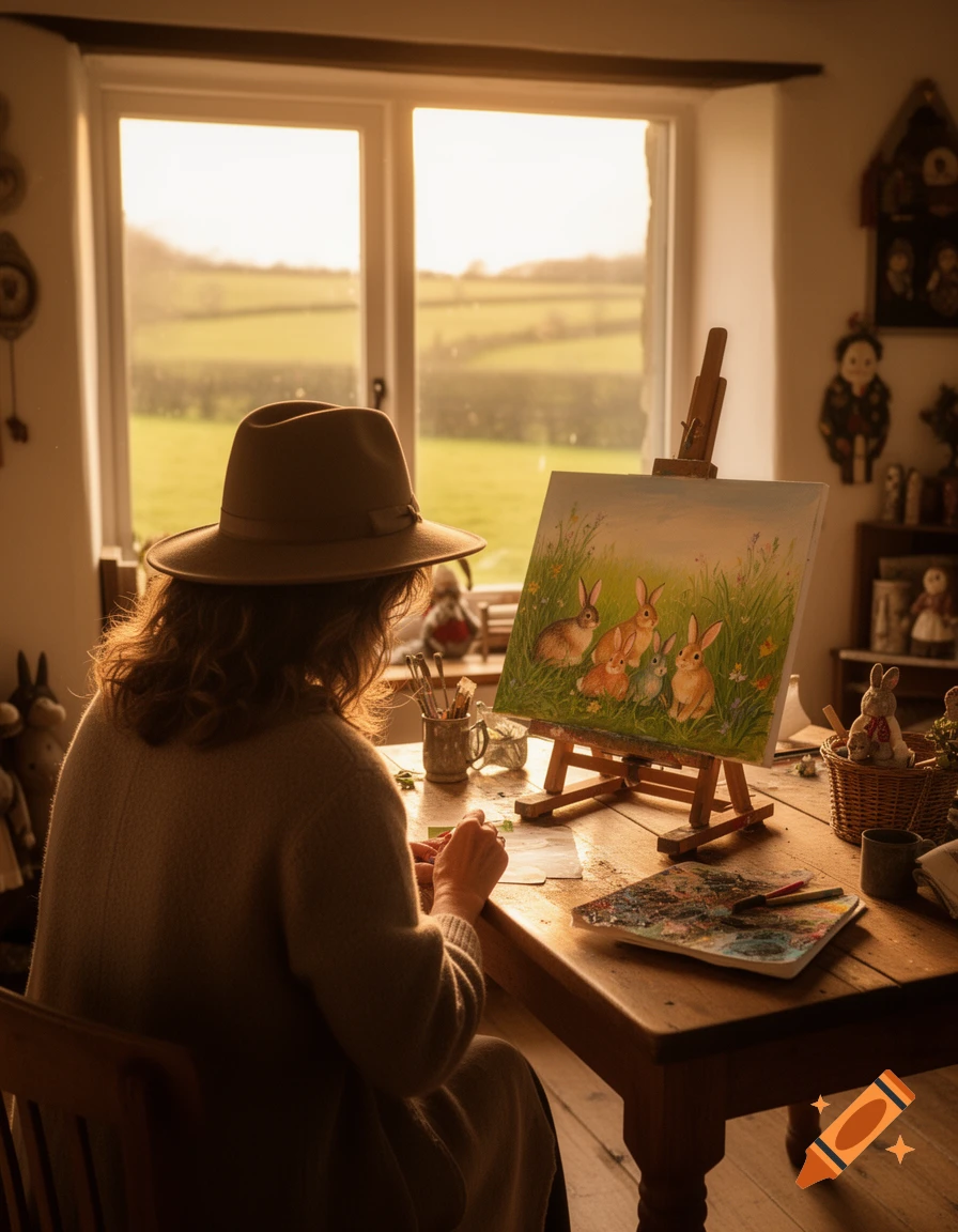 A woman in a hat paints rabbits on a canvas at a wooden table, seen from behind, by a sunny window looking out to green hills.