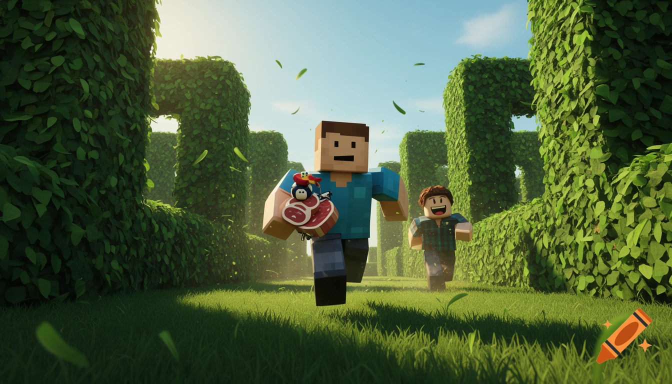 A Roblox-style character runs through a green hedge maze carrying a 'steakwad', followed by another character.