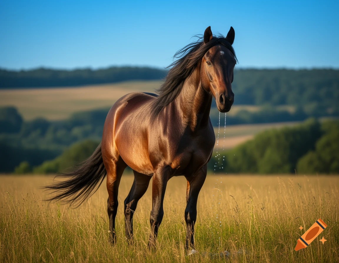 A majestic brown horse with a flowing black mane stands in a sunlit golden field, with liquid dripping from its mouth.
