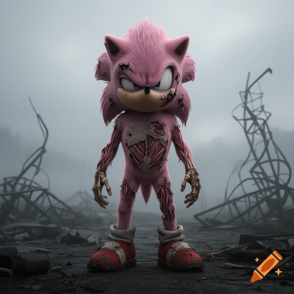 A pink zombie Sonic with exposed muscles and tattered fur stands in a desolate, foggy landscape.