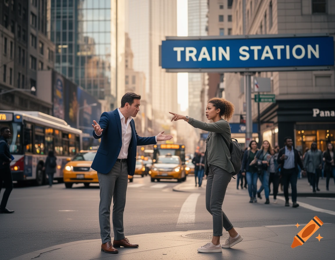 A man and a woman talking on a busy city street with a 'TRAIN STATION' sign overhead, taxis and buses in the background.
