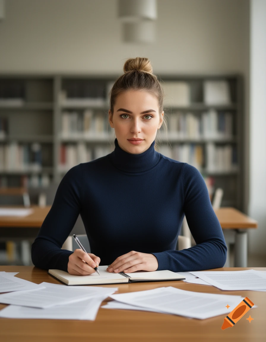 A photorealistic portrait of a young woman with hair in a bun, wearing a navy turtleneck, writing in a notebook at a library table with papers.