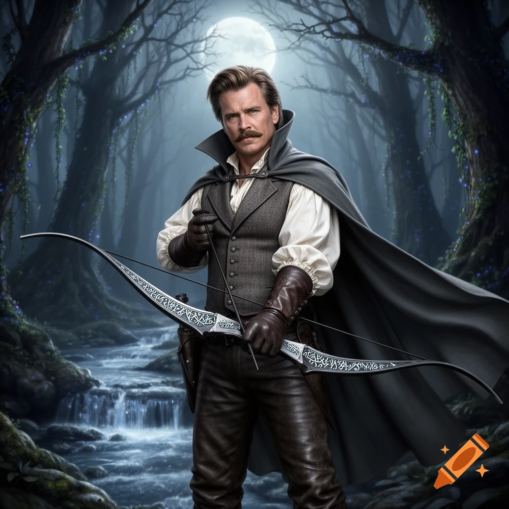 A photorealistic image of a man resembling Val Kilmer, dressed in a vest and cape, holding a bow in a moonlit fantasy forest.