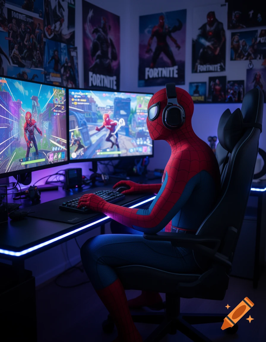 Spider-Man wearing headphones playing Fortnite on a dual monitor gaming setup in a dimly lit room decorated with Fortnite posters.